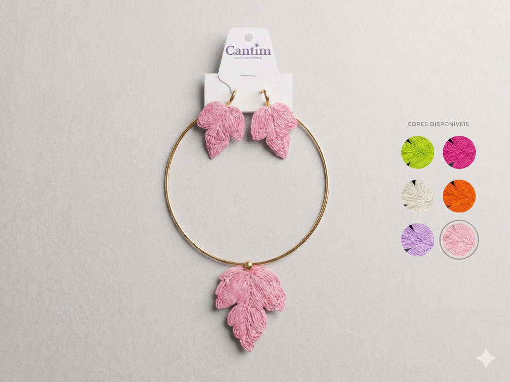 Conjunto Choker e Brincos "Folha de Ráfia": Elegância Tropical e Design Artesanal