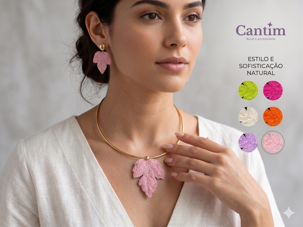 Conjunto Choker e Brincos "Folha de Ráfia": Elegância Tropical e Design Artesanal