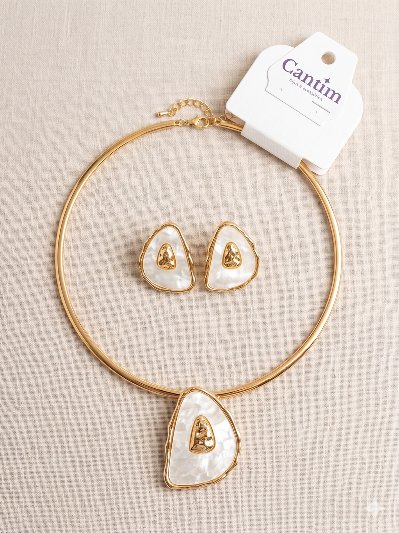 Conjunto Choker Aro e Brincos "Gema do Mar"