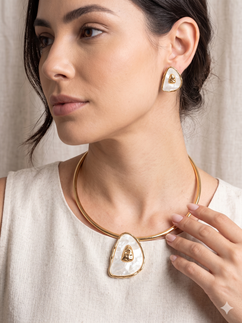 Conjunto Choker Aro e Brincos "Gema do Mar"