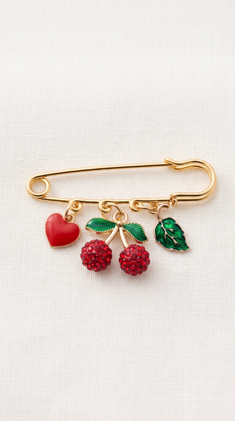 Alfinete Dourado com Pingentes de Cereja