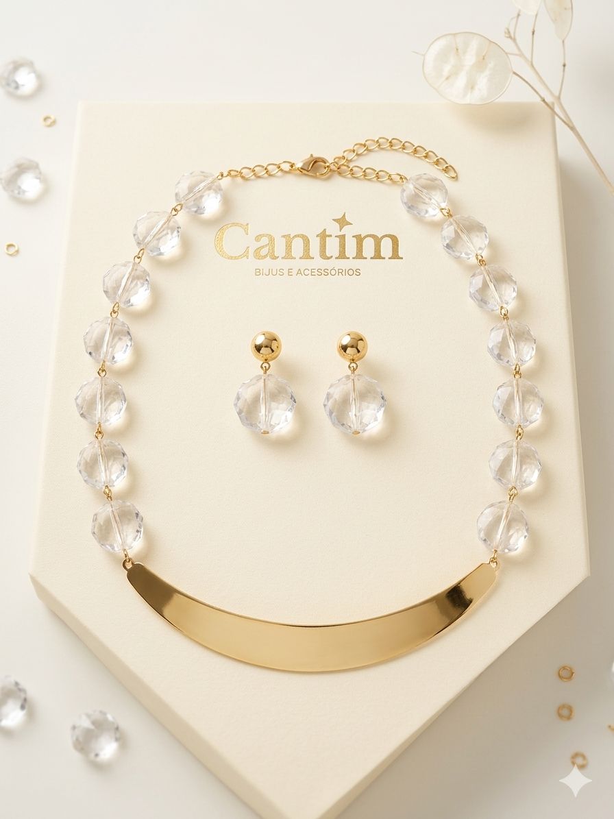 Conjunto Colar e Brincos com Placa Curva