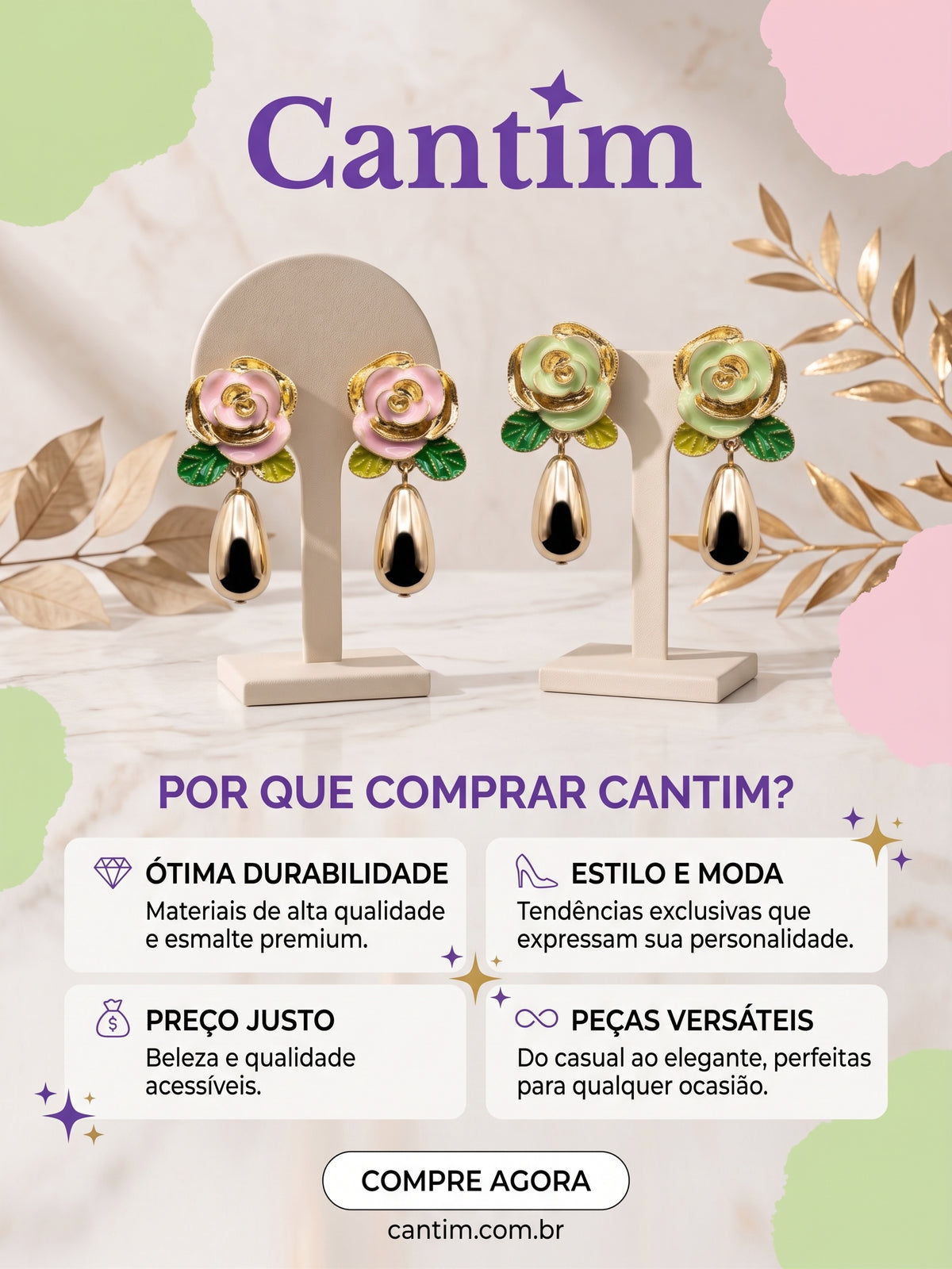 Brinco Flor com Gota Dourada - Elegância e Romantismo