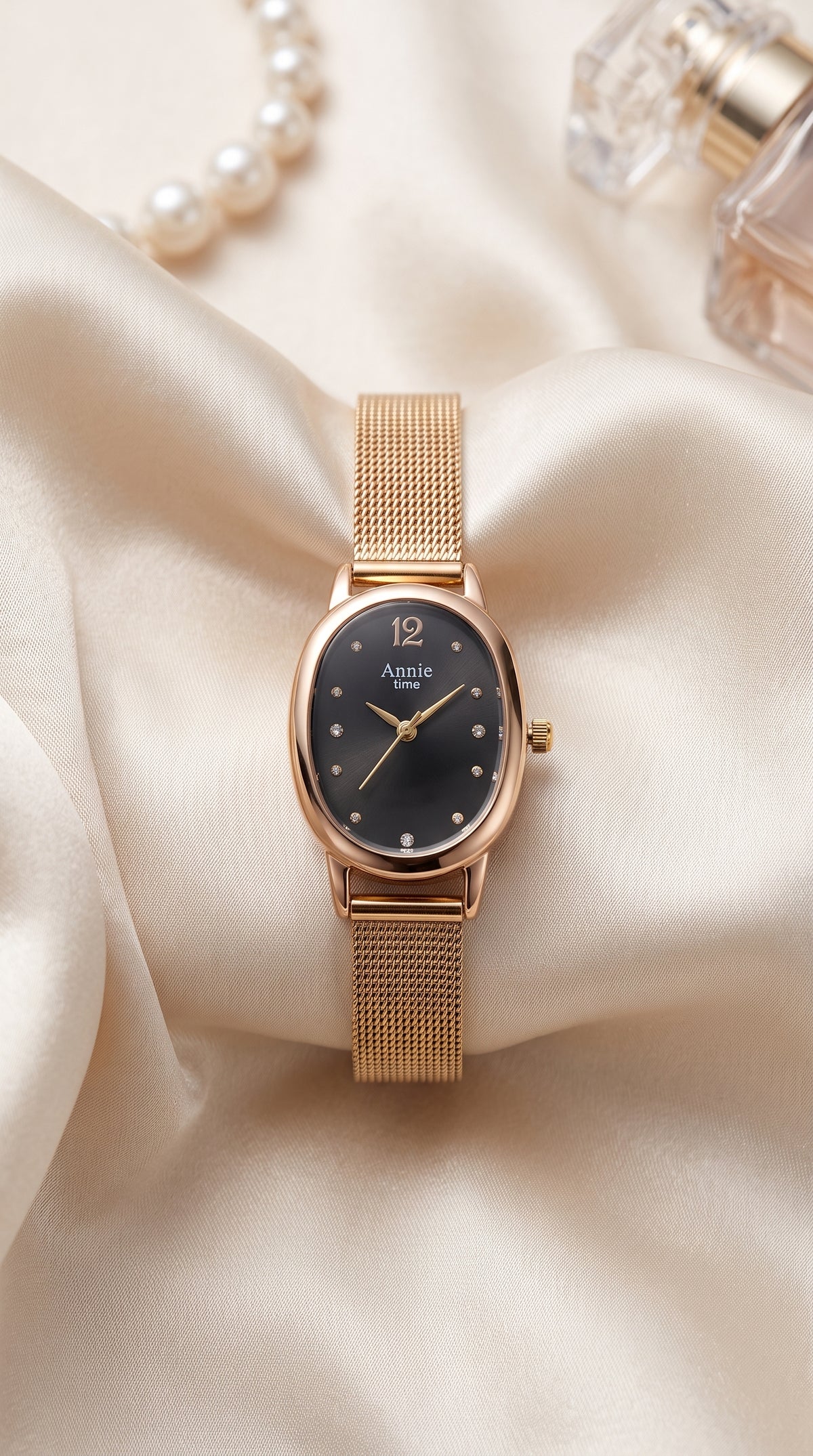 Relógio Feminino Annie Time Oval Dourado Malha de Aço