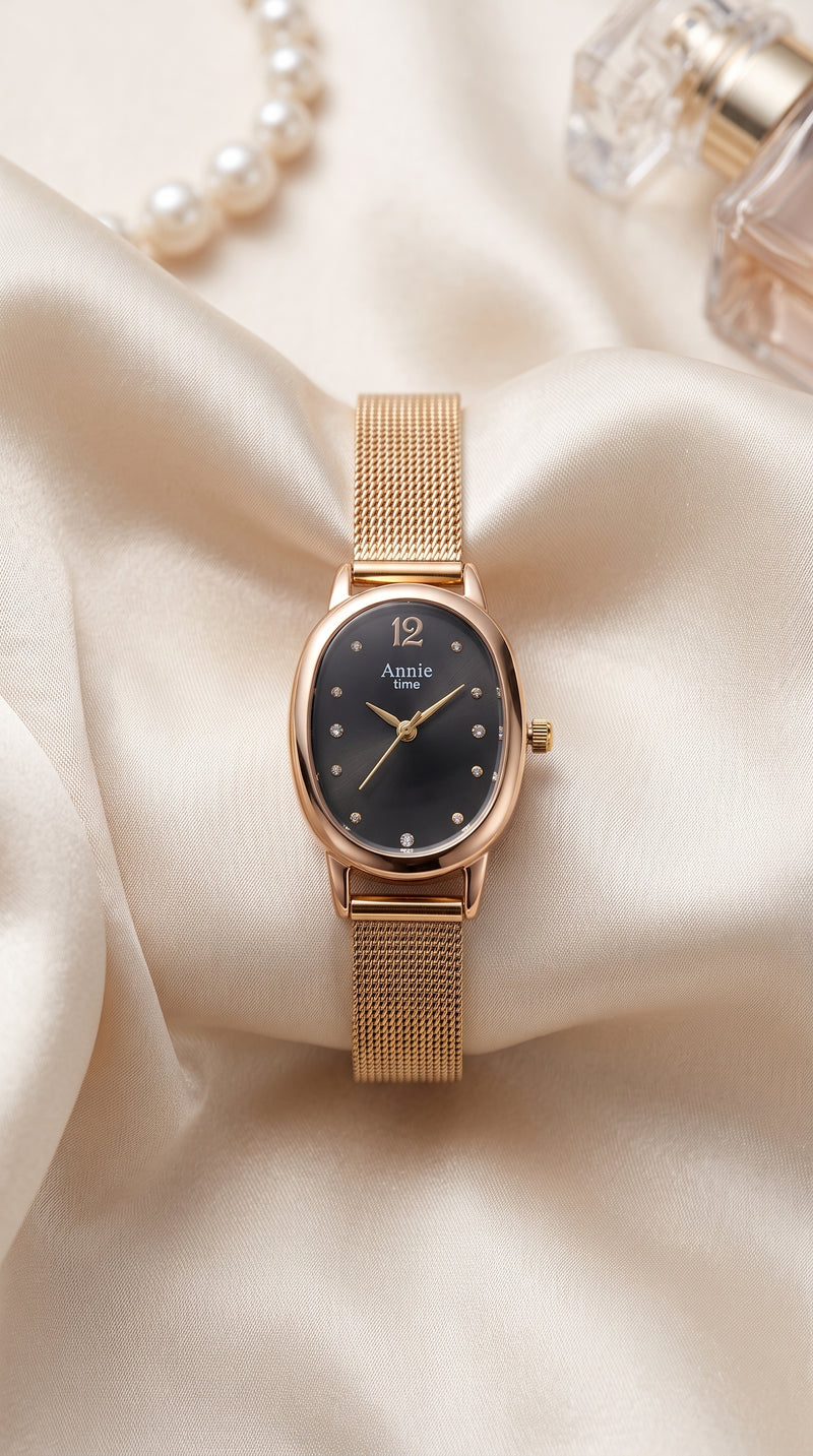 Relógio Feminino Annie Time Oval Dourado Malha de Aço