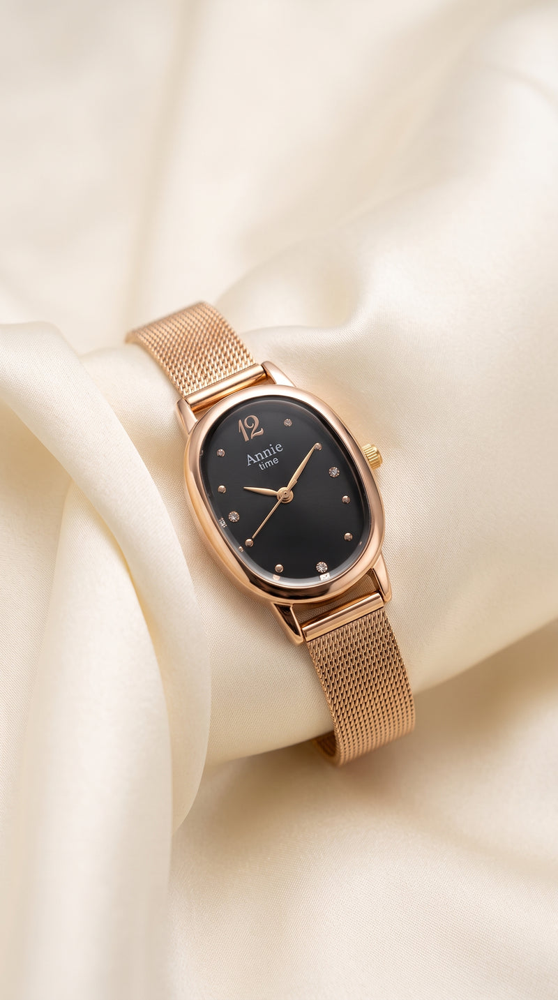 Relógio Feminino Annie Time Oval Dourado Malha de Aço