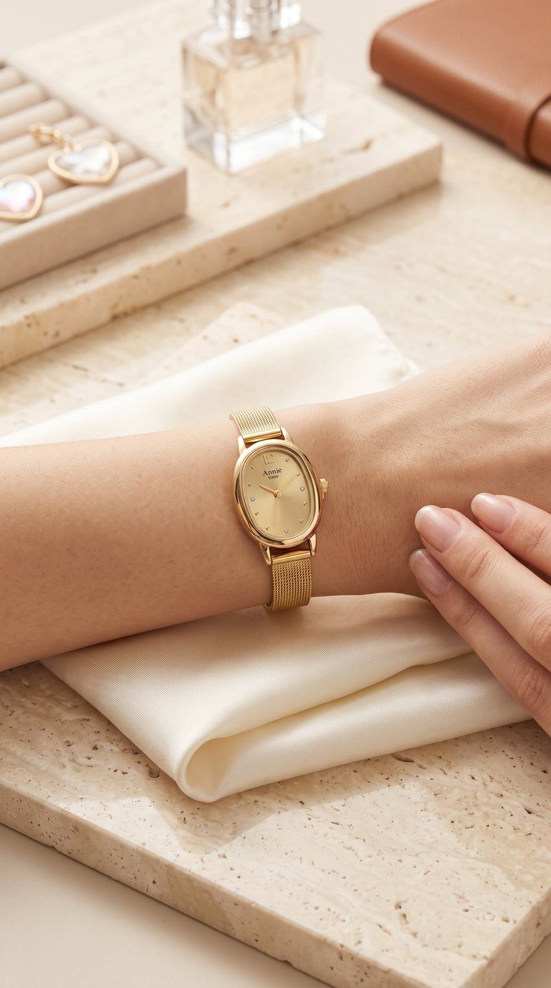 Relógio Feminino Annie Time Oval Dourado Malha de Aço