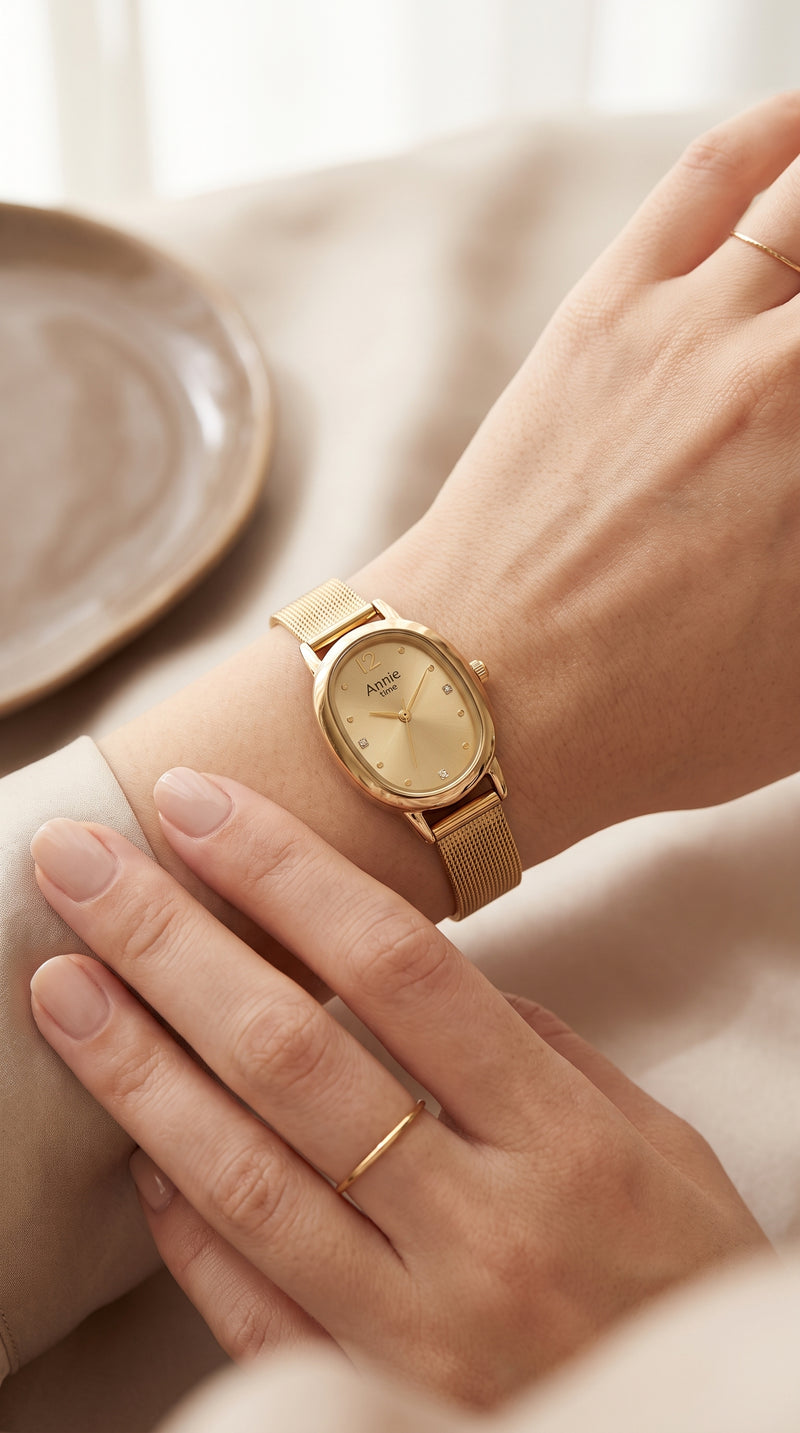 Relógio Feminino Annie Time Oval Dourado Malha de Aço