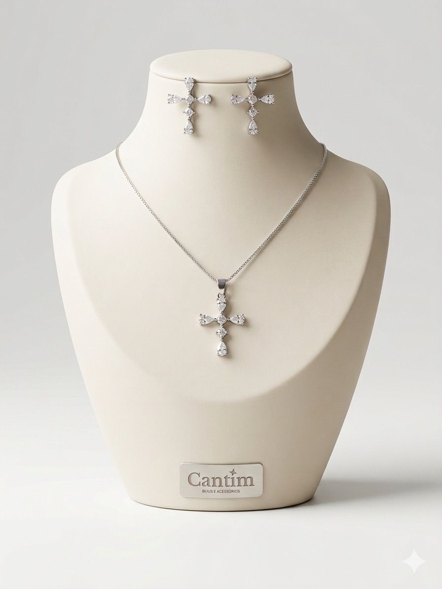 Conjunto Colar e Brincos Cruz Cravejada em Zircônias Ródio Branco