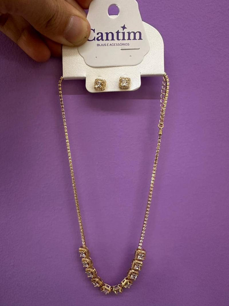 Conjunto Riviera e Brincos Quadrados Cravejados