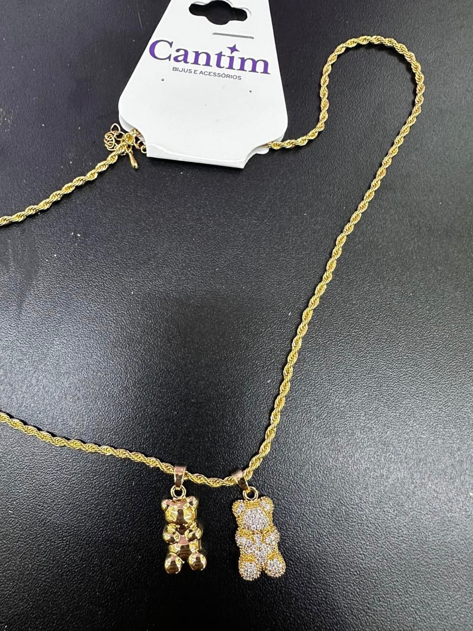 Colar Corrente Cordão Baiano com Dois Pingentes Ursinho (Liso e Cravejado)
