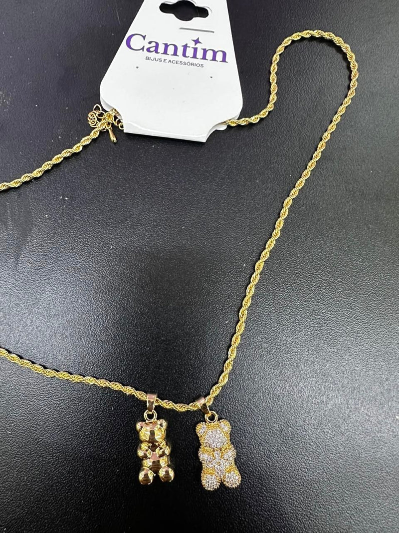 Colar Corrente Cordão Baiano com Dois Pingentes Ursinho (Liso e Cravejado)