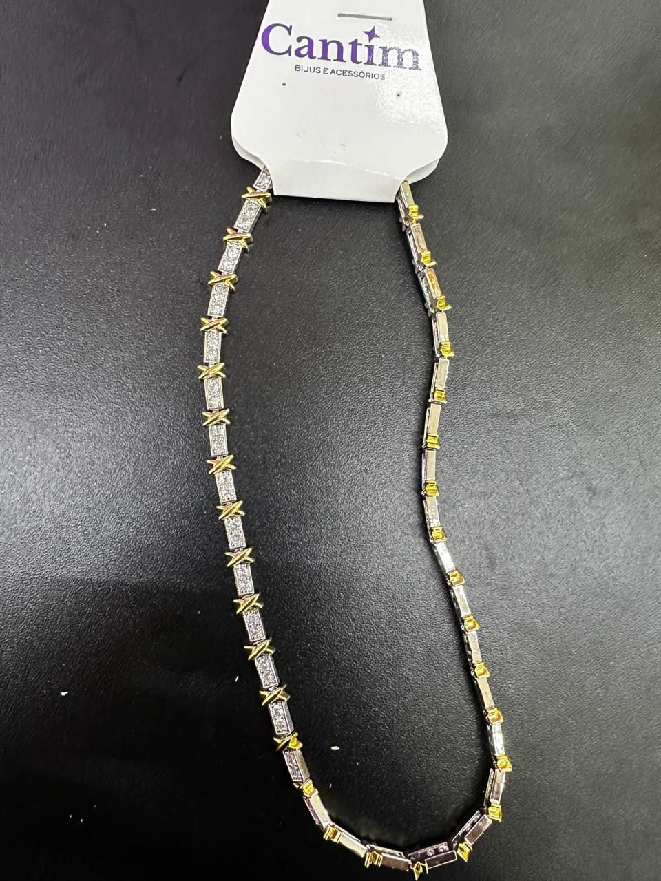 Colar Riviera Geométrico Bicolor Cravejado em Zircônias