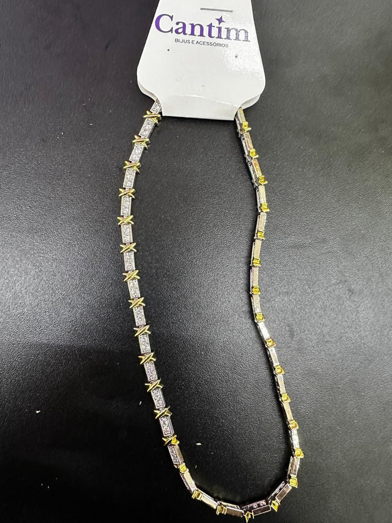 Colar Riviera Geométrico Bicolor Cravejado em Zircônias