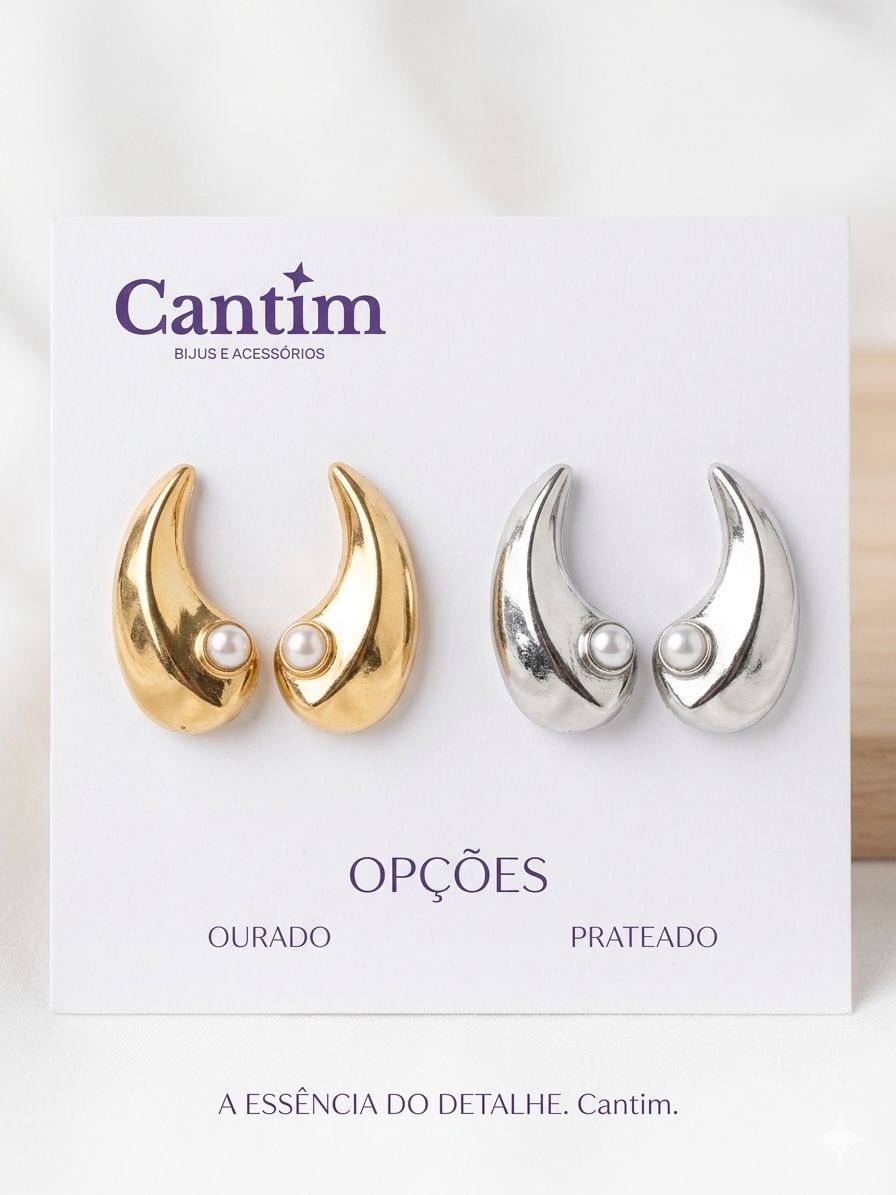 Brinco Gota Orgânica com Pérola - Design Bold em Ouro e Prata
