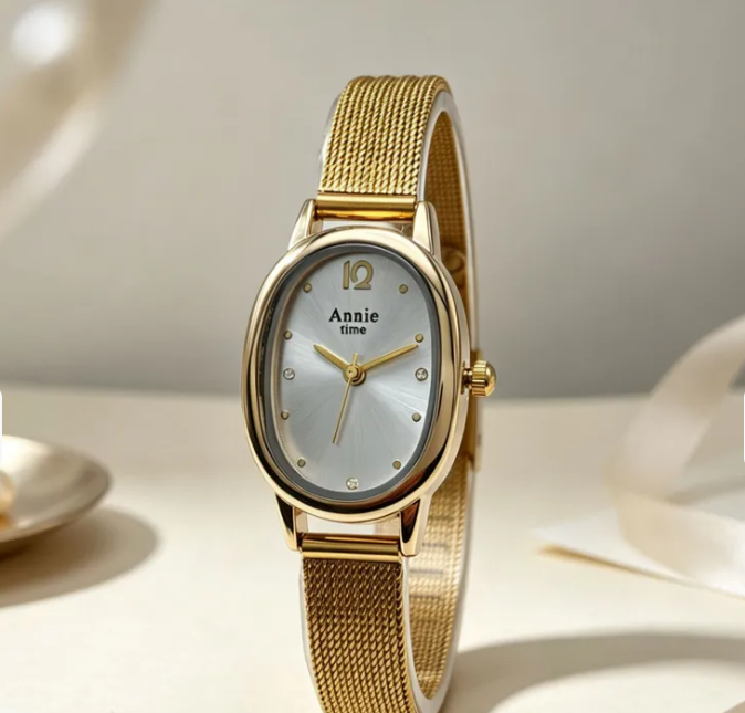 Relógio Feminino Annie Time Oval Dourado Malha de Aço
