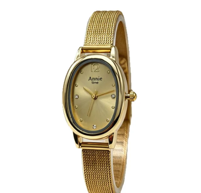 Relógio Feminino Annie Time Oval Dourado Malha de Aço